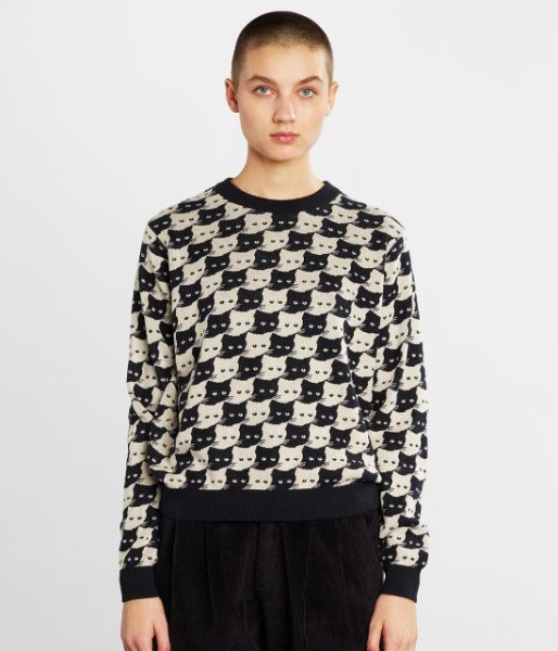 Dedicated Damen Sweater Arendal Pepita Cats Oat White