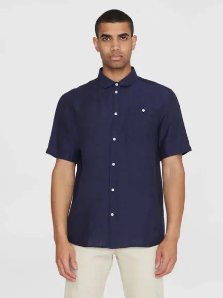 KnowledgeCotton Herren Hemd Kurzarm 1090064 Custom fit Leinen yarndyed - total eclipse