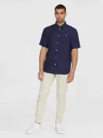 KnowledgeCotton Herren Hemd Kurzarm 1090064 Custom fit Leinen yarndyed - total eclipse