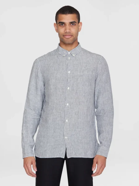 KnowledgeCotton Herren Hemd Langarm 1090092 striped linen total eclipse