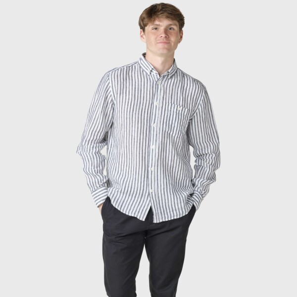 Klitmoller Collective Herren Hemd Dennis Leinen striped cream navy