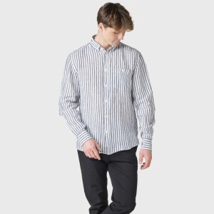 Klitmoller Collective Herren Hemd Dennis Leinen striped cream navy