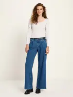 Lanius Damen Hose High-Waist Marlenejeans mit Bundfalte mid blue denim