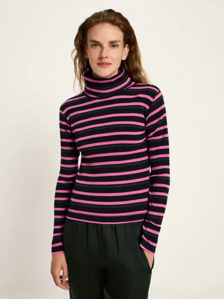 Lanius Damen Longsleeve Rollkragenshirt in Rippoptik GOTS black / pink