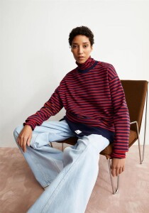 Armedangels Damen Pullover Frankaa Maarlen Stripe tinted navy-candy apple