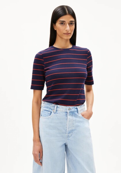 Armedangels Damen T-Shirt Jaanisara Fine Stripe tinted navy-carndy apple