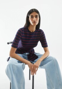 Armedangels Damen T-Shirt Jaanisara Fine Stripe tinted navy-carndy apple
