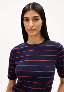 Armedangels Damen T-Shirt Jaanisara Fine Stripe tinted navy-carndy apple