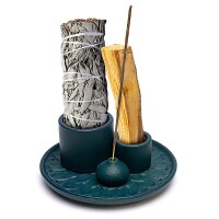 Phoenix Import Keramikhalter für Palo Santo, Smudge und Räucherstäbchen Blumenmotiv petrol