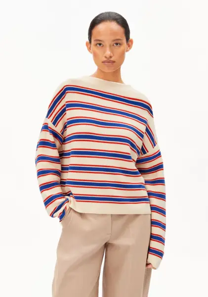 Armedangels Damen Pullover Merinaa Stripes oatmilk-mars red-dynamo blue