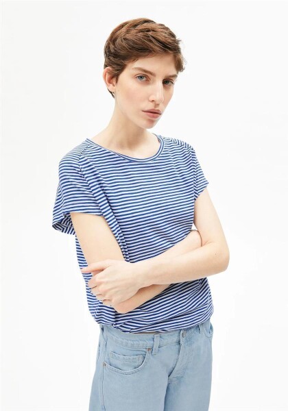 Armedangels Damen T-Shirt slub jersey stripe oatmilk-dynamo blue
