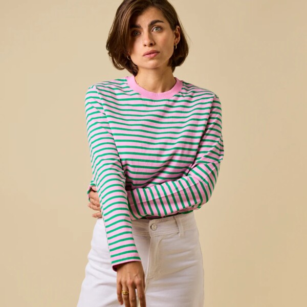 popeia Damen Sweater Langarmshirt Gestreift aus Bio-Baumwolle in Pink/Grün