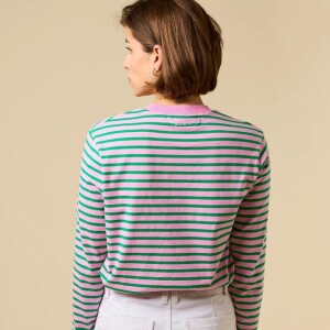 popeia Damen Sweater Langarmshirt Gestreift aus Bio-Baumwolle in Pink/Grün