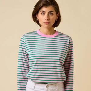 popeia Damen Sweater Langarmshirt Gestreift aus Bio-Baumwolle in Pink/Grün