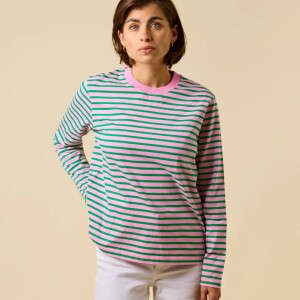 popeia Damen Sweater Langarmshirt Gestreift aus Bio-Baumwolle in Pink/Grün