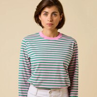 popeia Damen Sweater Langarmshirt Gestreift aus Bio-Baumwolle in Pink/Grün