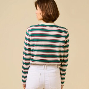popeia Damen Sweater Langarmshirt Gestreift aus Bio-Baumwolle in dunkelgrün/bordeaux