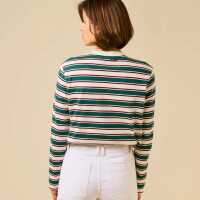 popeia Damen Sweater Langarmshirt Gestreift aus Bio-Baumwolle in dunkelgrün/bordeaux