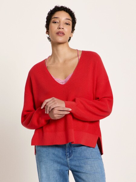 Lanius Damen Pullover mit V-Ausschnitt GOTS red lava