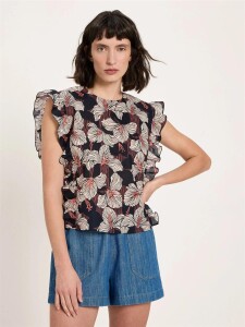 Lanius Damen Bluse Blusenshirt mit Volant GOTS print...