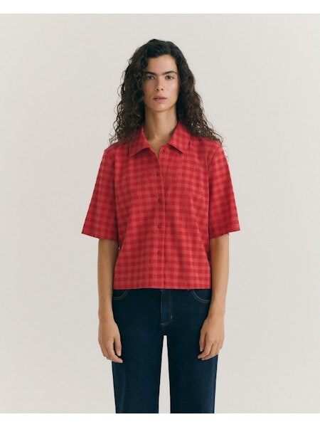 Thinking Mu Damen Bluse Ane Seersucker Red Checks