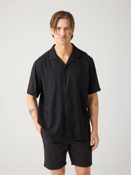 KnowledgeCotton Herren Hemd kurzarm 1090160 relaxed short sleeve Shirt Black Jet