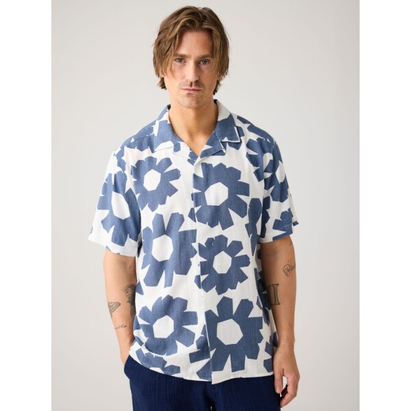 KnowledgeCotton Herren Hemd kurzarm 1090157 relaxed Linen mix print