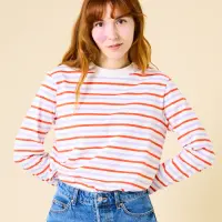 popeia Damen Sweater Langarmshirt Gestreift aus Bio-Baumwolle in lila/rot/weiss