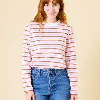popeia Damen Sweater Langarmshirt Gestreift aus Bio-Baumwolle in lila/rot/weiss