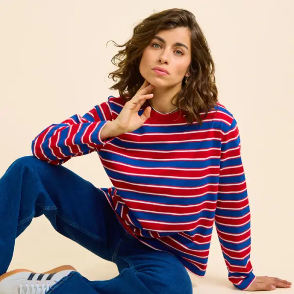 popeia Damen Sweater Langarmshirt Gestreift aus Bio-Baumwolle in rot/blau