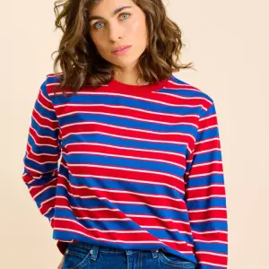 popeia Damen Sweater Langarmshirt Gestreift aus Bio-Baumwolle in rot/blau
