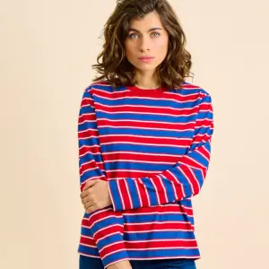 popeia Damen Sweater Langarmshirt Gestreift aus Bio-Baumwolle in rot/blau