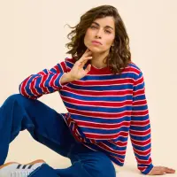 popeia Damen Sweater Langarmshirt Gestreift aus Bio-Baumwolle in rot/blau