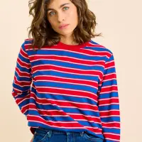 popeia Damen Sweater Langarmshirt Gestreift aus Bio-Baumwolle in rot/blau