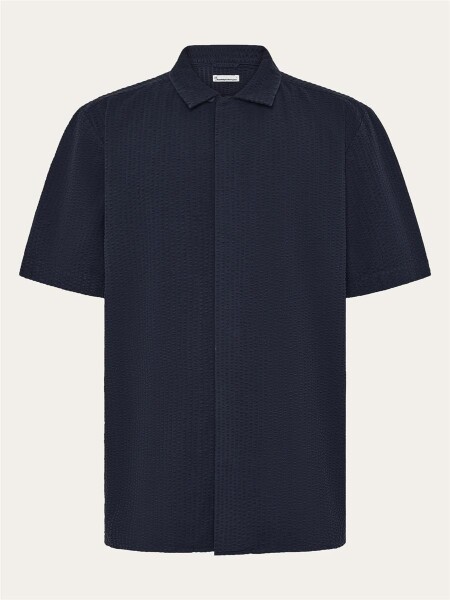 KnowledgeCotton Herren Hemd kurzarm Relaxed Seersucker 1090172 Night Sky