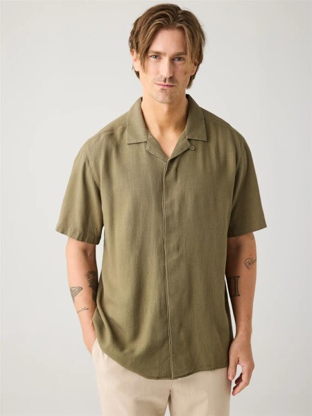 KnowledgeCotton Herren Hemd kurzarm Moss Relaxed Linen Blend 1090160 Burned Olive