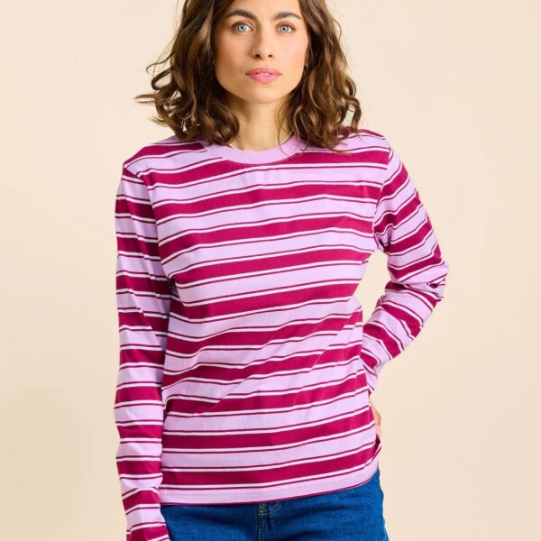 popeia Damen Sweater Langarmshirt Gestreift aus Bio-Baumwolle in aubergine/pink