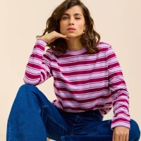 popeia Damen Sweater Langarmshirt Gestreift aus Bio-Baumwolle in aubergine/pink