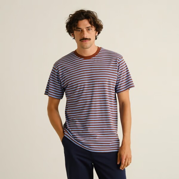 Dedicated Herren T-Shirt Stockholm Stripes Cappuccino Brown/Cornflower Blue