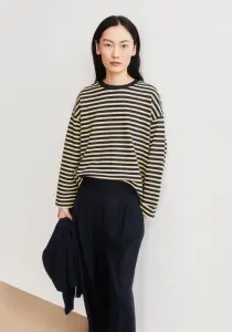 Armedangels Damen Pullover Frankaa Maarlen Stripe Sweatshirt golden hay-tinted navy