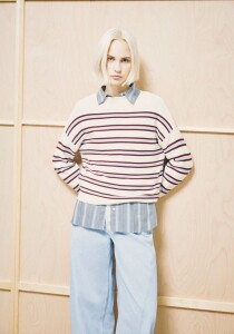 Armedangels Damen Pullover Merinaa Stripes Knit oatmilk-velvet red-soft blue