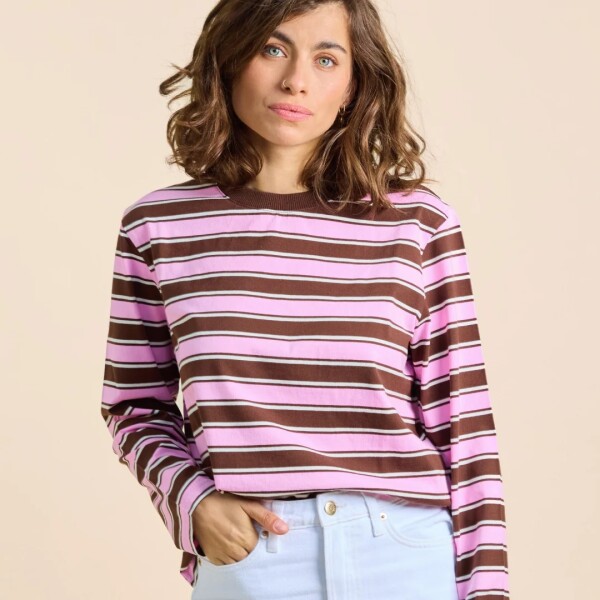 popeia Damen Sweater Langarmshirt Gestreift aus Bio-Baumwolle in braun/pink