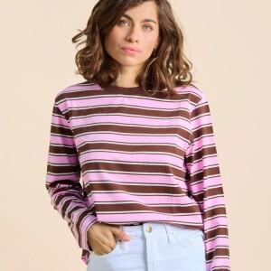 popeia Damen Sweater Langarmshirt Gestreift aus Bio-Baumwolle in braun/pink
