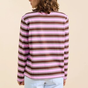 popeia Damen Sweater Langarmshirt Gestreift aus Bio-Baumwolle in braun/pink