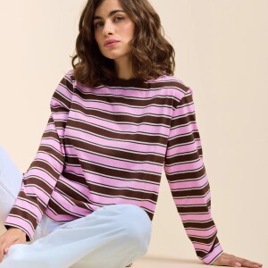 popeia Damen Sweater Langarmshirt Gestreift aus Bio-Baumwolle in braun/pink