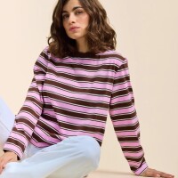 popeia Damen Sweater Langarmshirt Gestreift aus Bio-Baumwolle in braun/pink