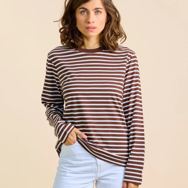 popeia Damen Sweater Langarmshirt Gestreift aus Bio-Baumwolle in braun/off-white