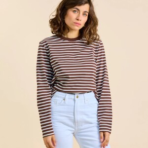 popeia Damen Sweater Langarmshirt Gestreift aus Bio-Baumwolle in braun/off-white