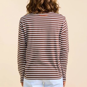 popeia Damen Sweater Langarmshirt Gestreift aus Bio-Baumwolle in braun/off-white