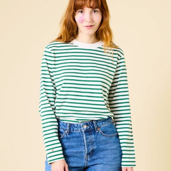 popeia Damen Sweater Langarmshirt Gestreift aus Bio-Baumwolle in grün/off-white